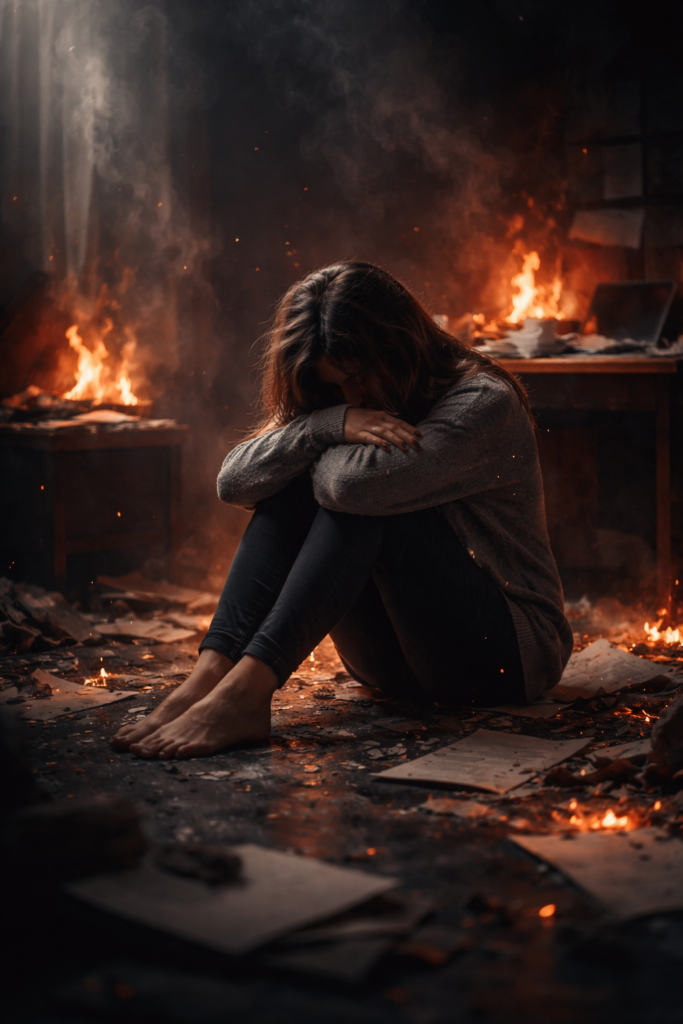 Couple silencieux assis côte à côte, exprimant la distance émotionnelle et l’épuisement intérieur liés au burn-out