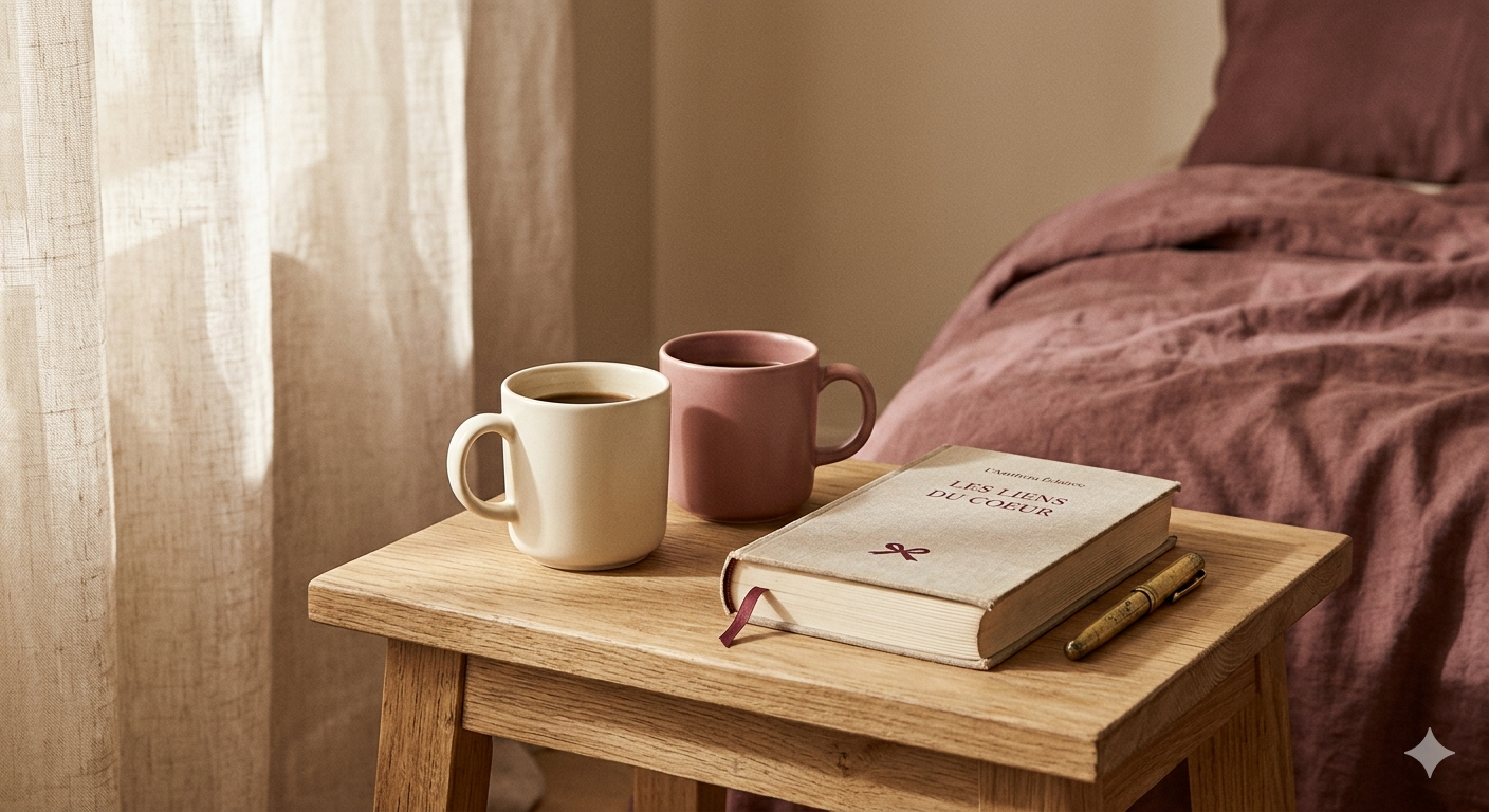 Deux tasses de café et un livre ouvert dans une ambiance douce - Illustration Amthéra sur l'intimité du couple
