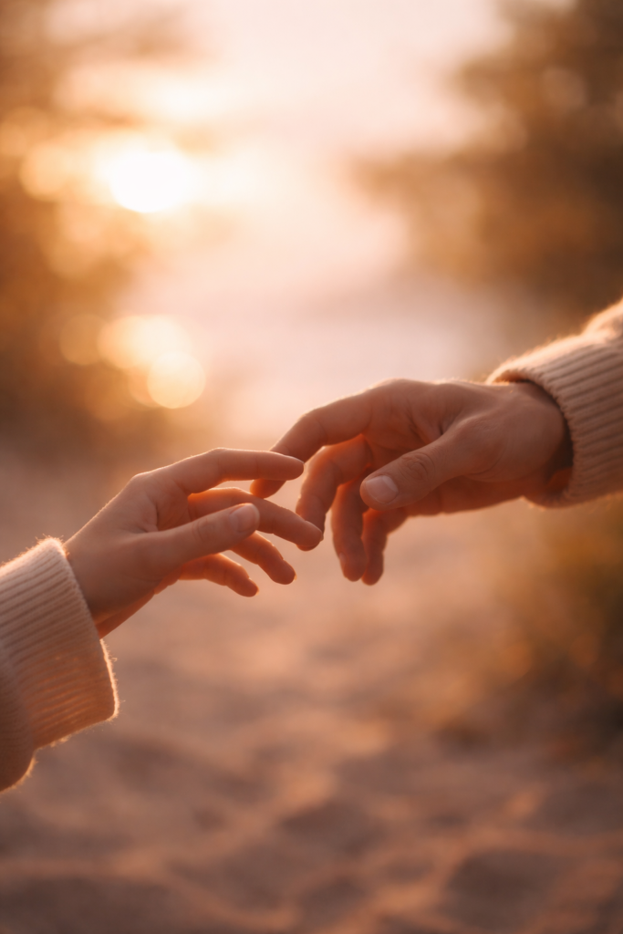 Deux mains se frôlent délicatement au coucher du soleil - Illustration d'Amthera sur le lien et le couple