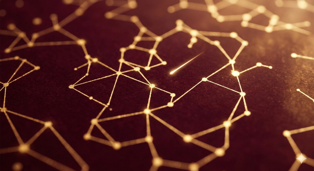Réseau de lignes dorées et de points lumineux sur fond sombre, illustrant l'activation diffuse et les connexions neuronales hyper-rapides.