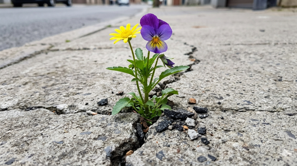 Une fleur sauvage poussant à travers une fissure dans le bitume, symbolisant la résilience après un burn-out.